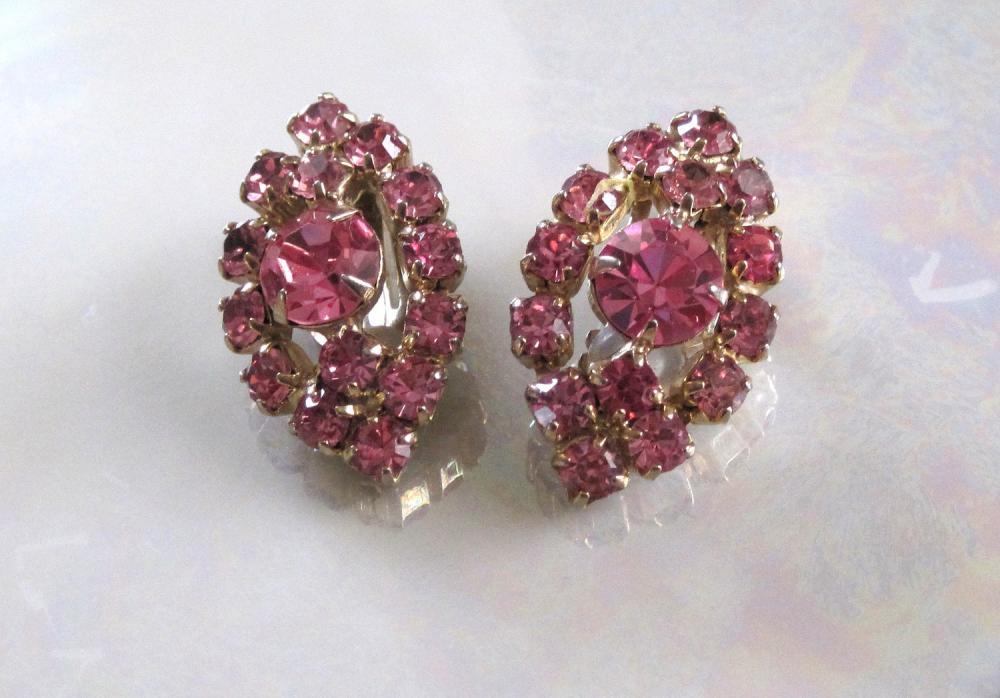 Vintage Pink Marquise Rhinestone Clip Earrings